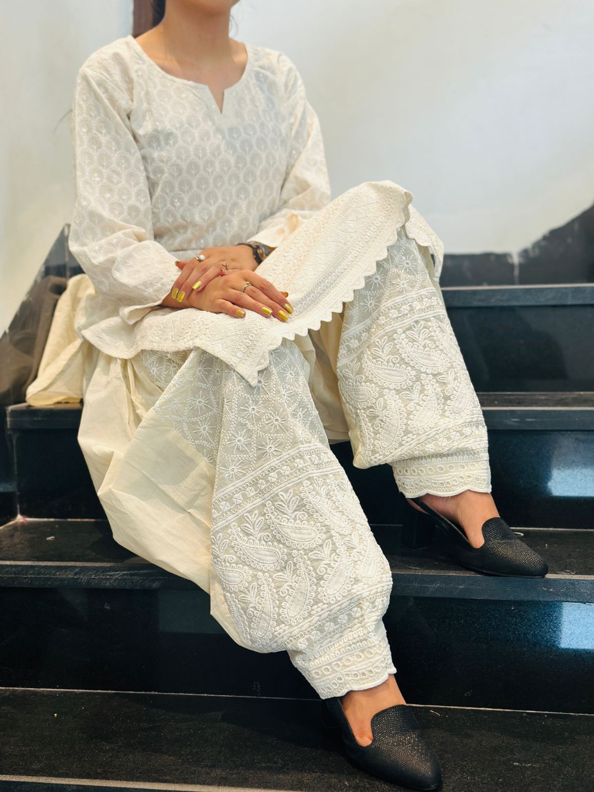 White Graceful Cotton Chikankari Kurti with Afghani Salwar Set