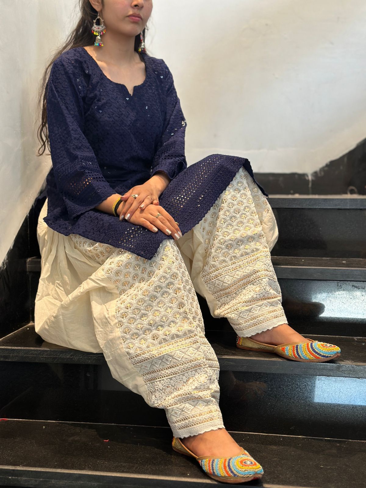 Navy Blue Punjabi Cotton Chikankari Kurti with Golden Sequin Patiala Salwar Set (Up to 4XL)