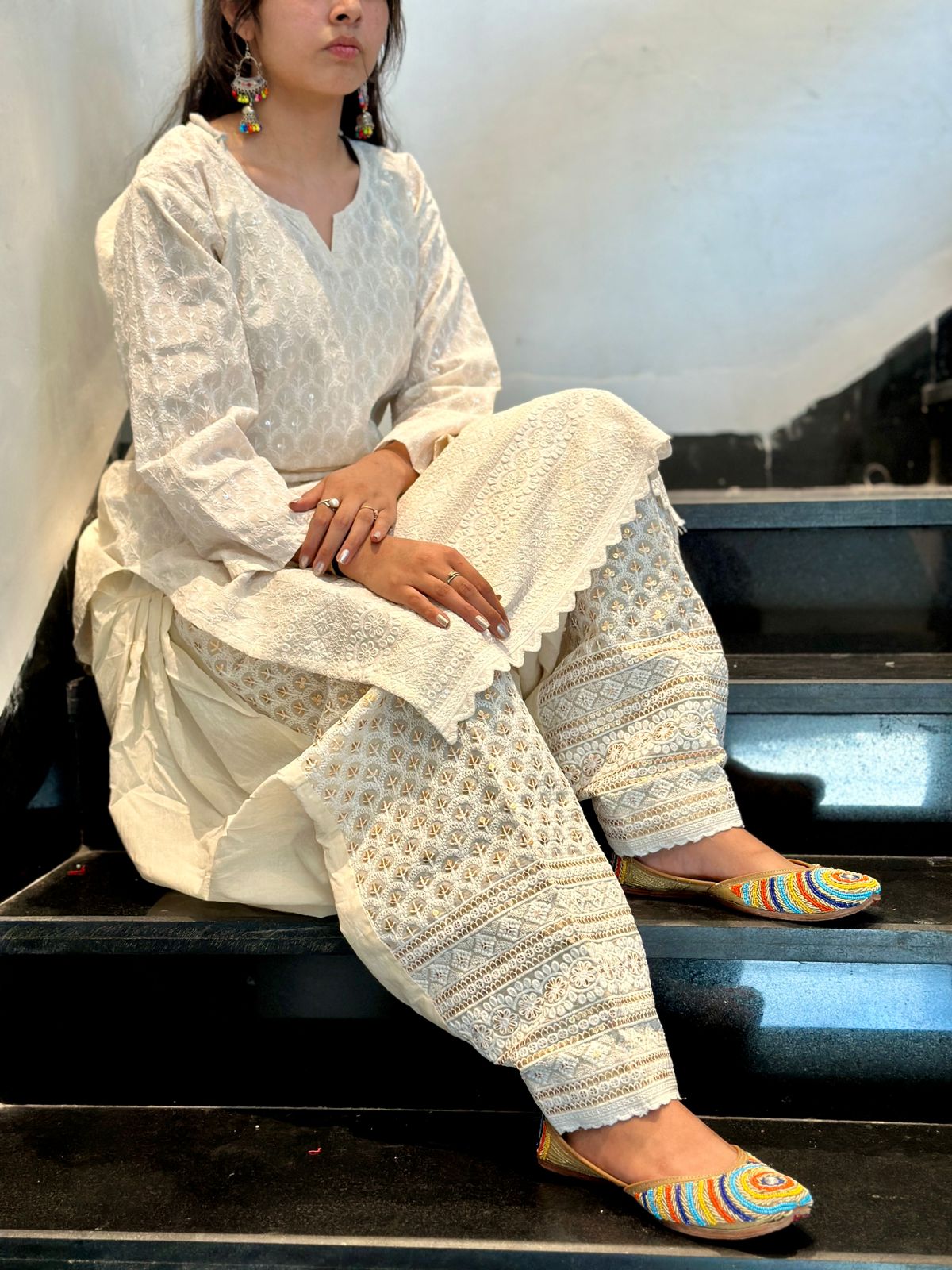 White Punjabi Cotton Chikankari Kurti with Golden Sequin Patiala Salwar Set (Up to 4XL)