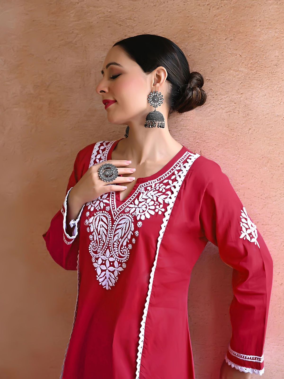 New Chikankari Exclusive Kurti_Pent Pair (Red) 12