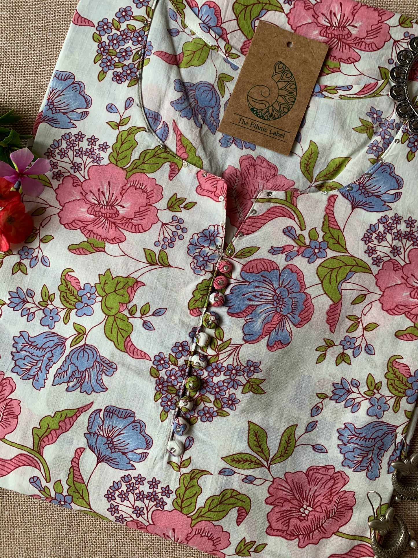 "Bageecha" Hand Block Printed Buttoned Cotton Kurta - M