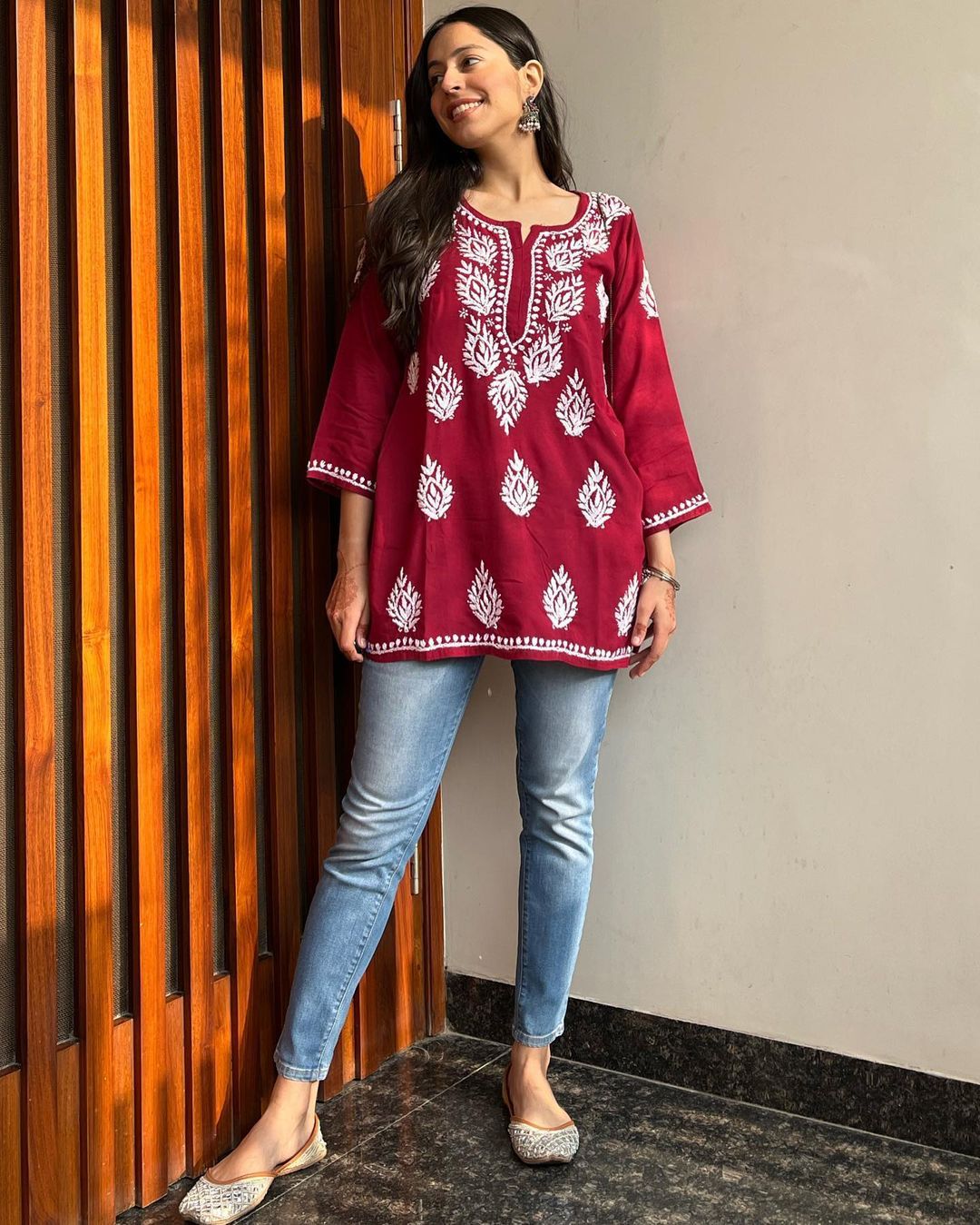 Women Chikan Embroidery Cotton A-line Kurta (Maroon) 44