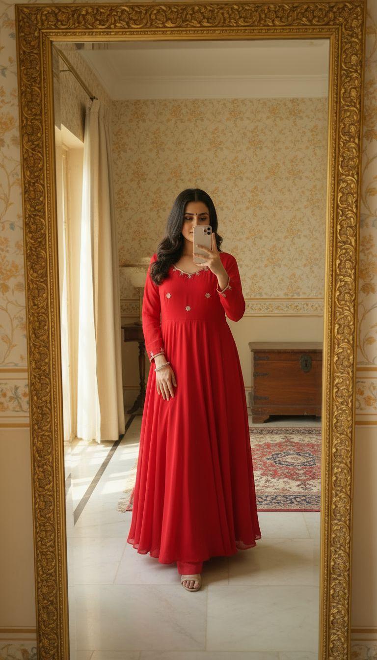 Red Scarlet Blossom Anarkali Gown Set Karwa Chauth Edition