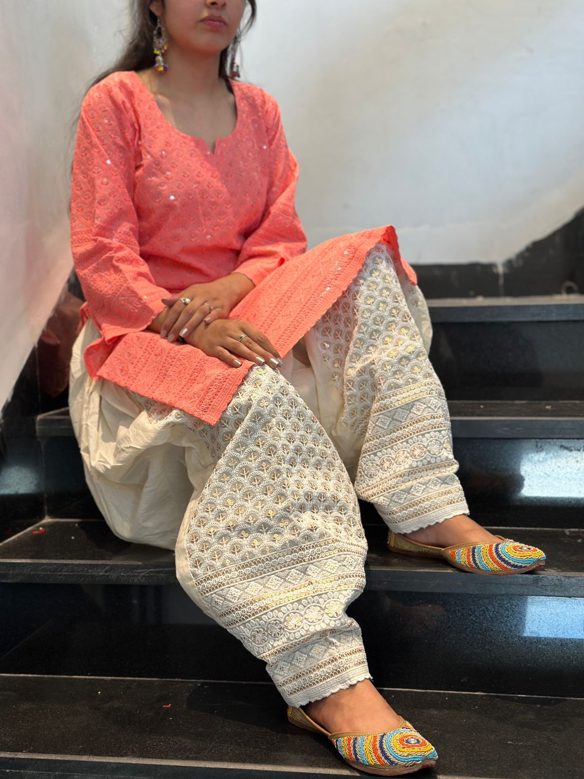Peach Punjabi Cotton Chikankari Kurti with Golden Sequin Patiala Salwar Set (Up to 4XL)