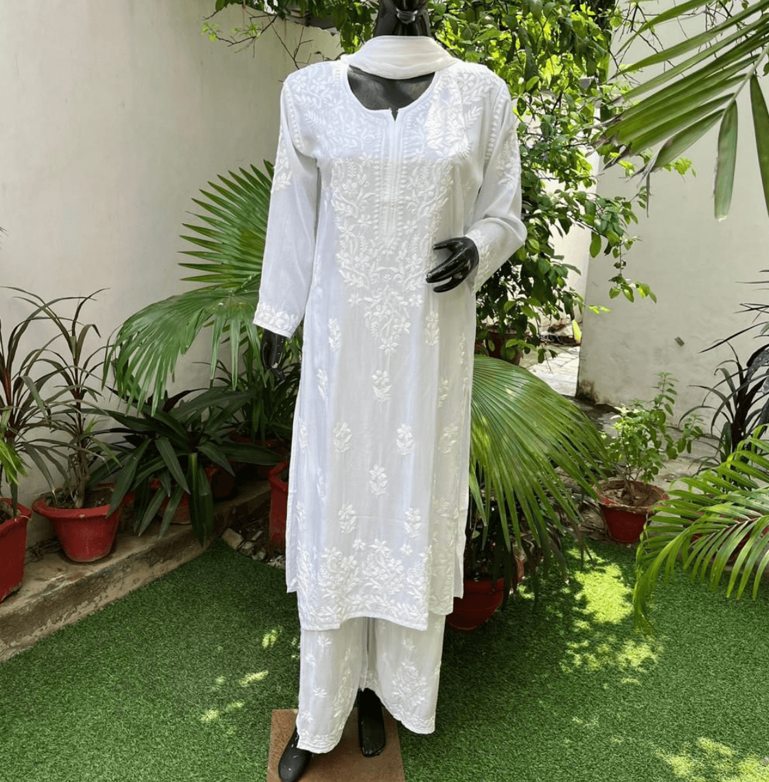 Elegant 3 pc White Ethereal Dyeble Chikankari Kurta Set up to 5XL