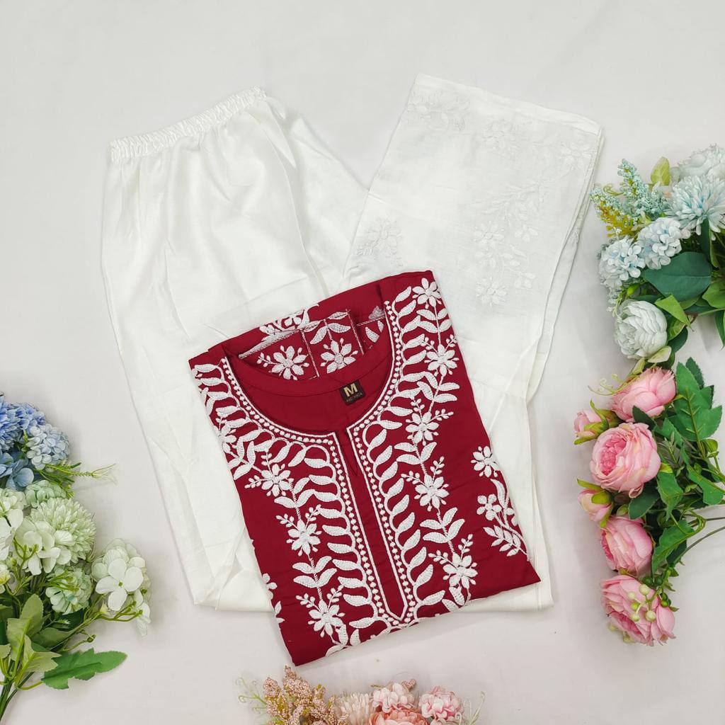 WOMEN CHIKAN EMBROIDERY Kurti_Pent Pair Design (MAROON) 56