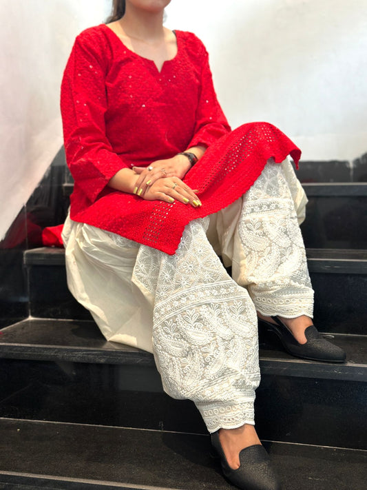 Red Graceful Cotton Chikankari Kurti with Afghani Salwar Set