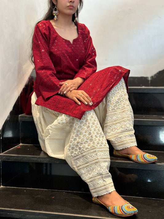 Maroon Punjabi Cotton Chikankari Kurti with Golden Sequin Patiala Salwar Set (Up to 4XL)