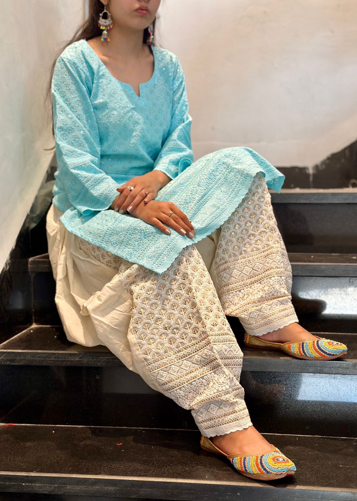 Light Blue Punjabi Cotton Chikankari Kurti with Golden Sequin Patiala Salwar Set (Up to 4XL)