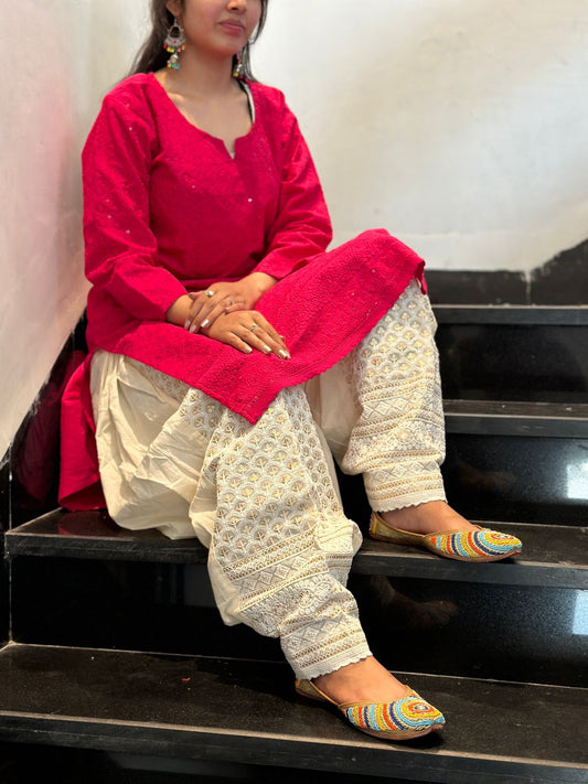 Pink Punjabi Cotton Chikankari Kurti with Golden Sequin Patiala Salwar Set (Up to 4XL)