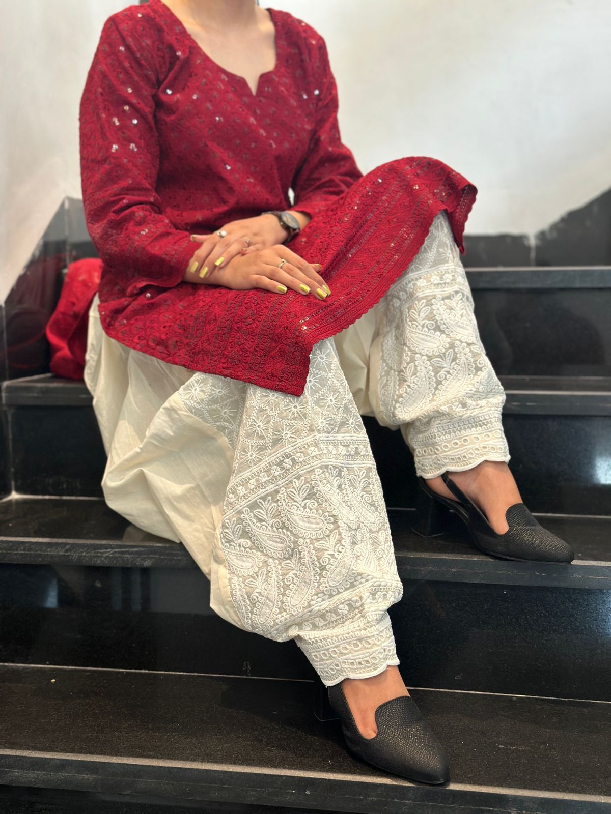 Maroon Graceful Cotton Chikankari Kurti with Afghani Salwar Set