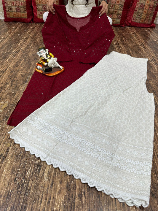 Maroon Elegant Kalidar Punjabi Kurta Sharara Set (up to 4 XL)