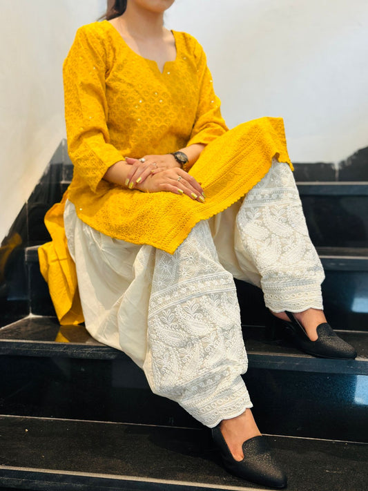 Yellow Graceful Cotton Chikankari Kurti with Afghani Salwar Set