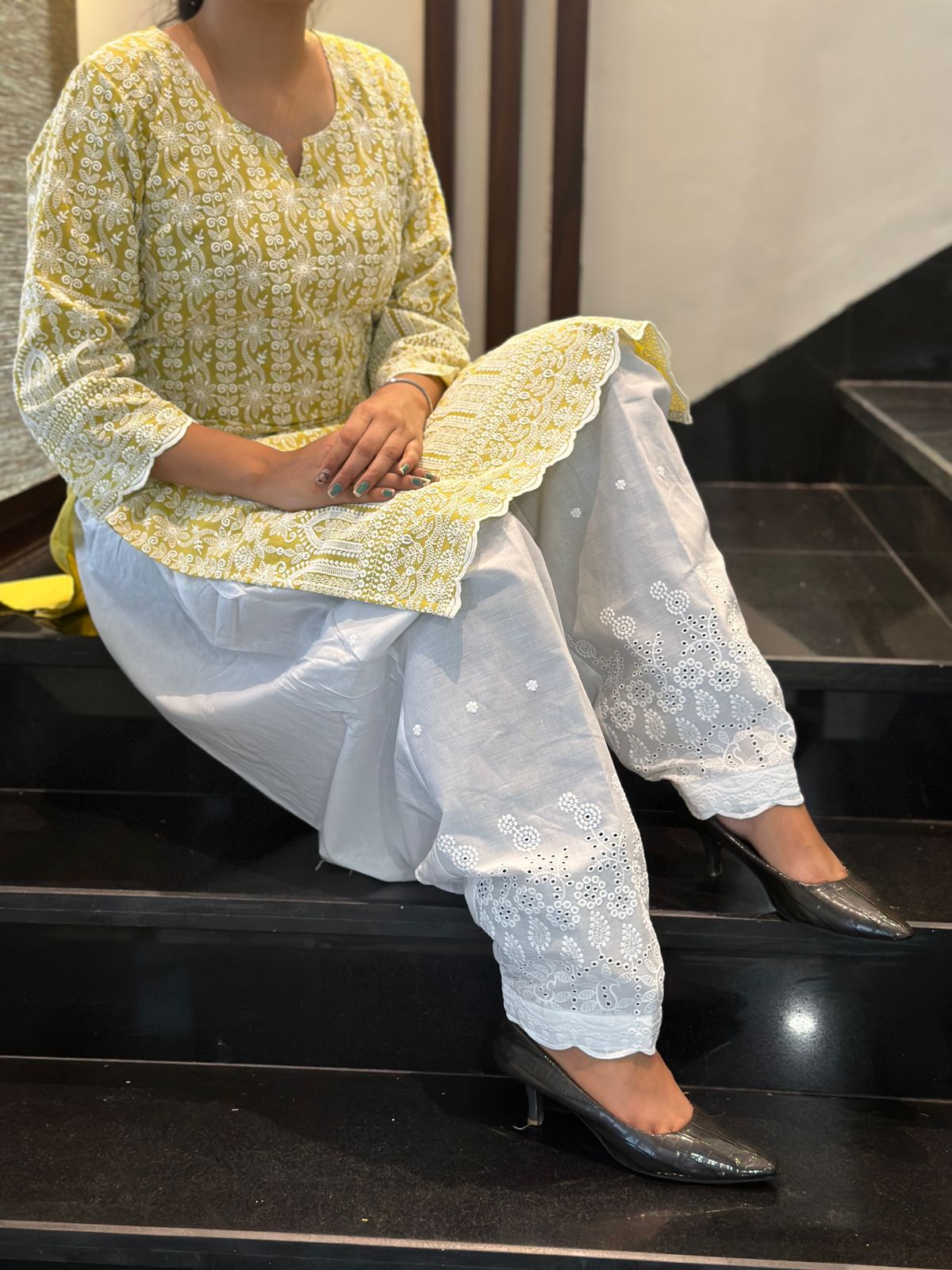 Olive Punjabi Cotton Chikankari Kurti with Golden Sequin Patiala Salwar Set (Up to 4XL)