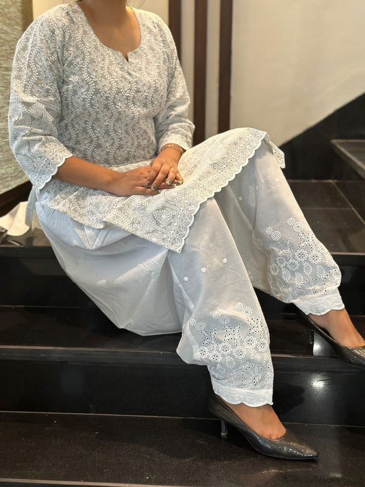 White Design 2 Punjabi Cotton Chikankari Kurti with Golden Sequin Patiala Salwar Set (Up to 4XL)