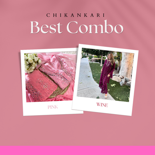Best Combo Chikankari Elegance Ombré Mirror Booti Jaal Set (Pink / Wine)