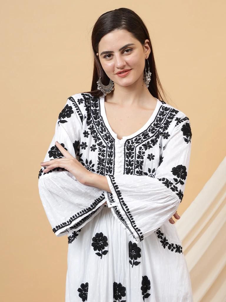 Elegant White & Black Dobby Cotton Bell Sleeves Gown with Chikankari Handwork & Palazzo
