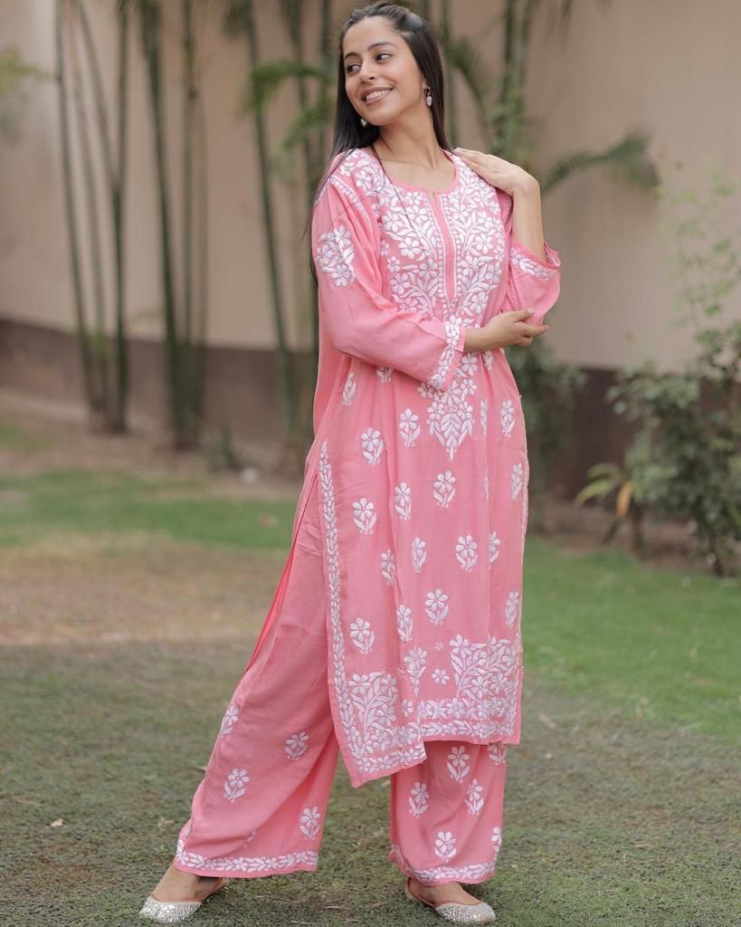 Chikankari Work Kurti Pant Set (Stitched)