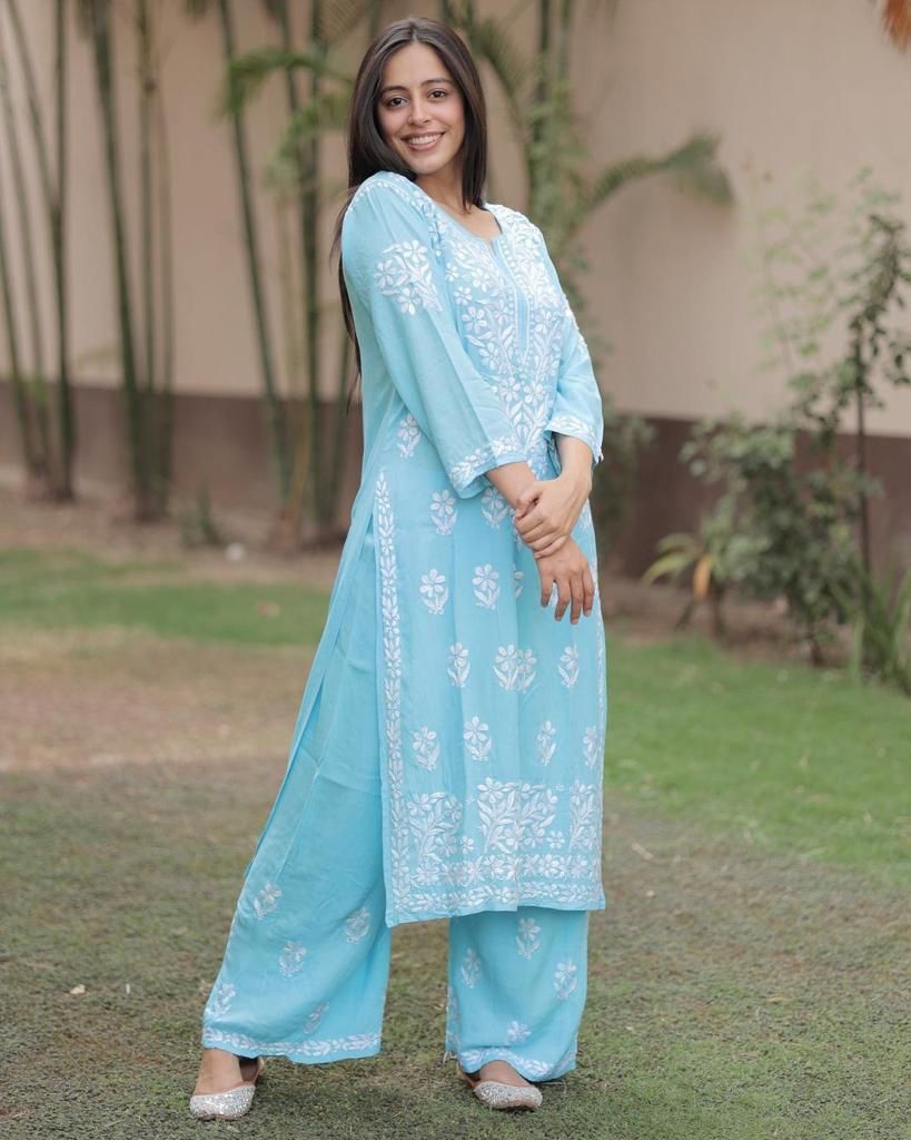 Chikankari Work Kurti Pant Set (Stitched)