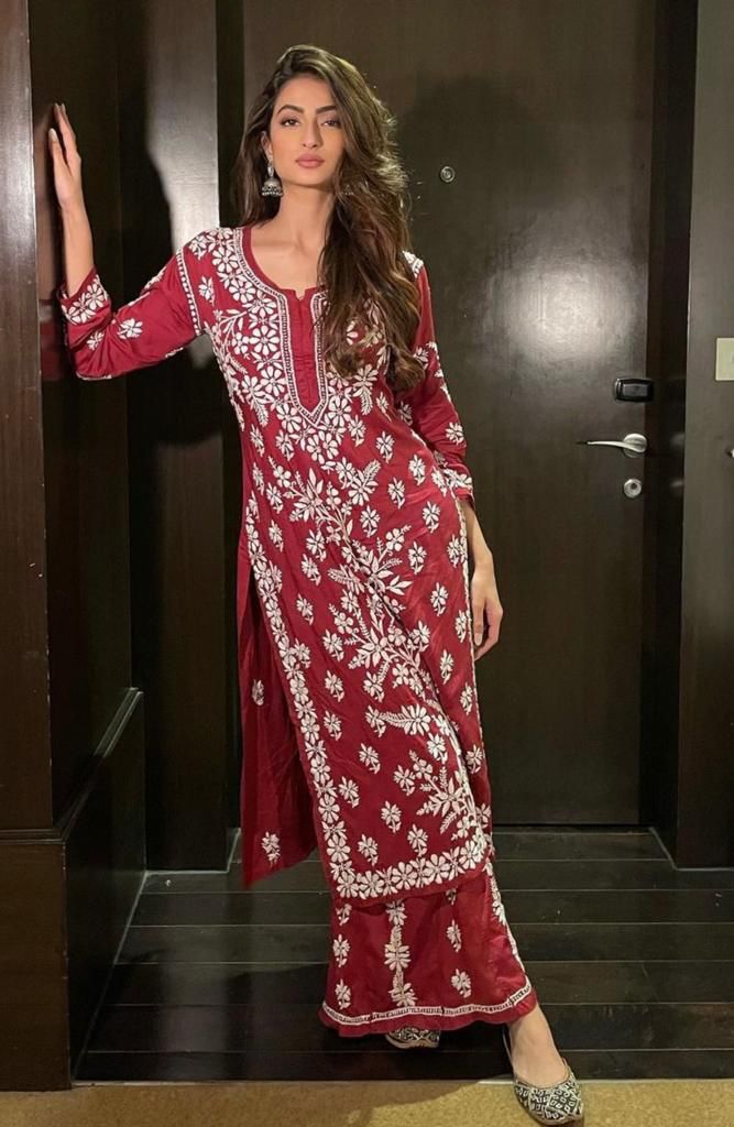 New Chikankari Exclusive Kurti_Pent Pair (Maroon) 19