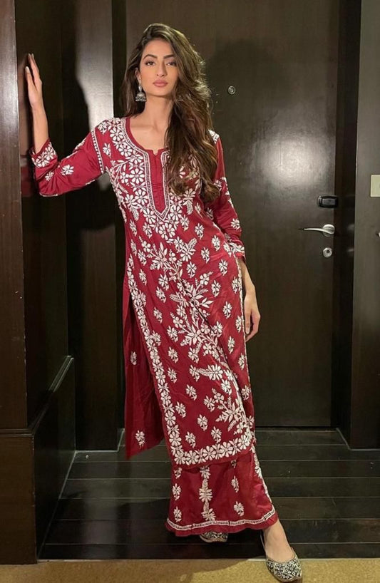 New Chikankari Exclusive Kurti_Pent Pair (Maroon) 19