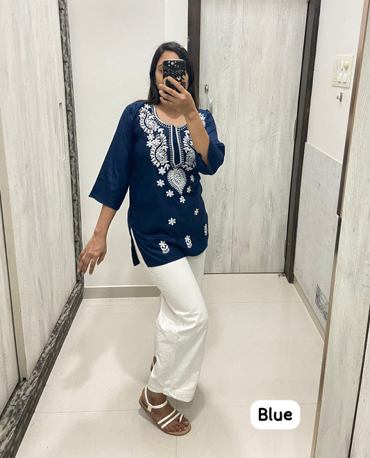 Women Chikan Embroidery Cotton Tops (Blue) 49