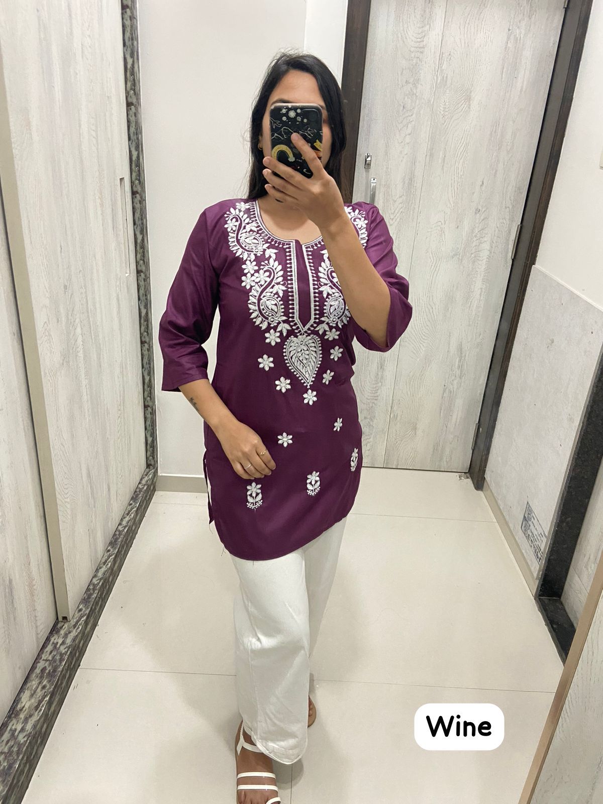 Women Chikan Embroidery Cotton Tops (Wine) 54