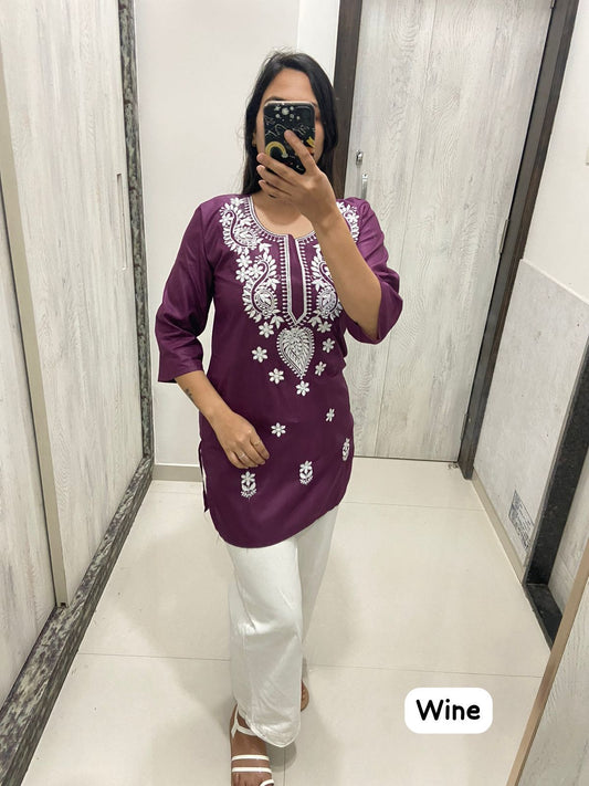 Women Chikan Embroidery Cotton Tops (Wine) 54