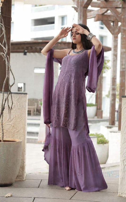 Purple Handcrafted Lucknow Chikankari Strappy Gharara Set (New)