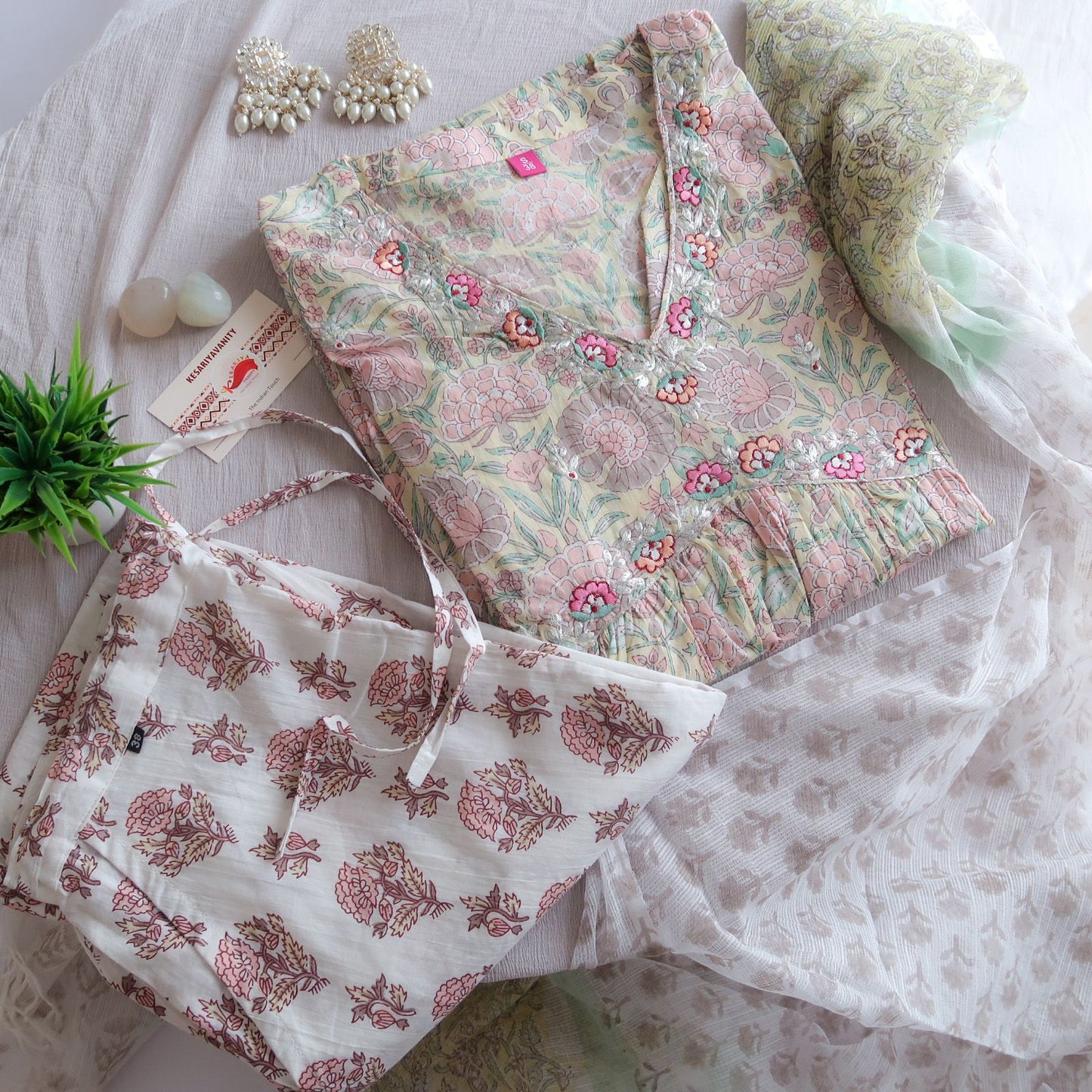 Floral Premium Cotton Suit Set - Cream Yellow