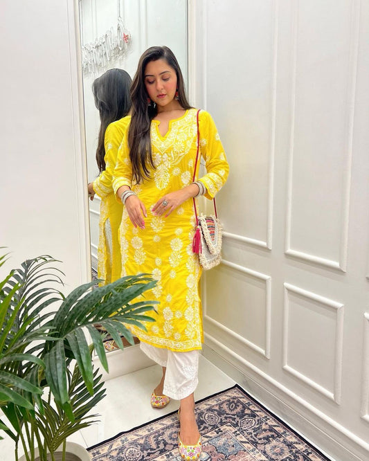 Hand Embroidery Chikankari Long Kurti for Women | Stylish Casual | Fancy11