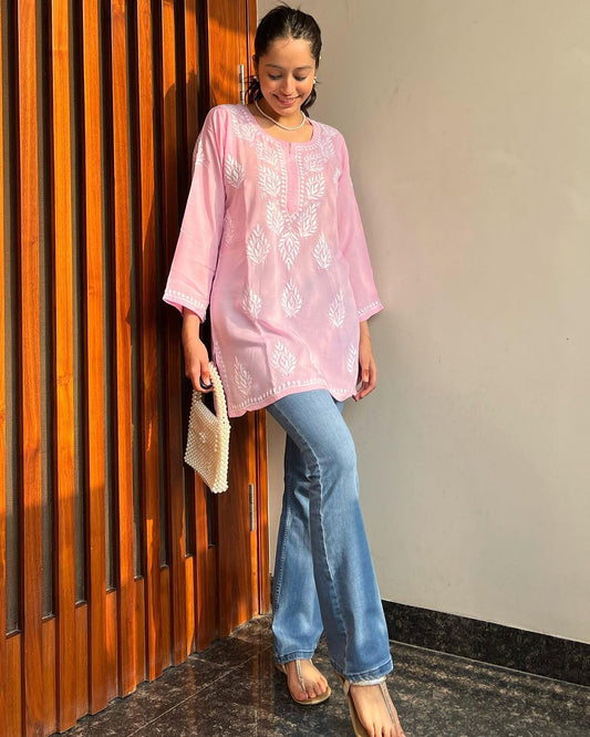 Women Chikankari Cotton A-line Kurta (Baby Pink) 61