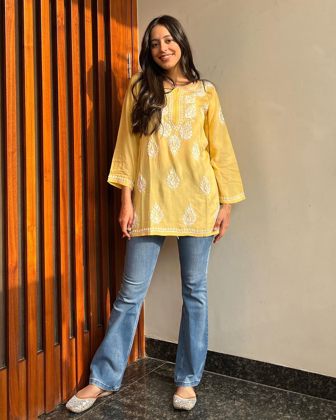 Women Chikan Embroidery Cotton cotton A-line Kurta  (Yellow) 46