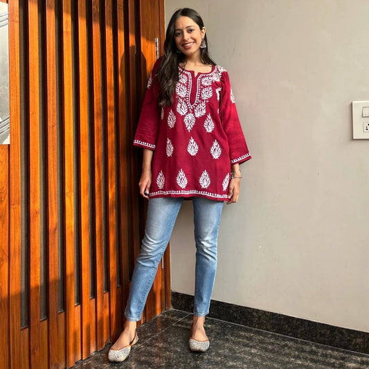 Women Chikan Embroidery Cotton A-line Kurta (Maroon) 44