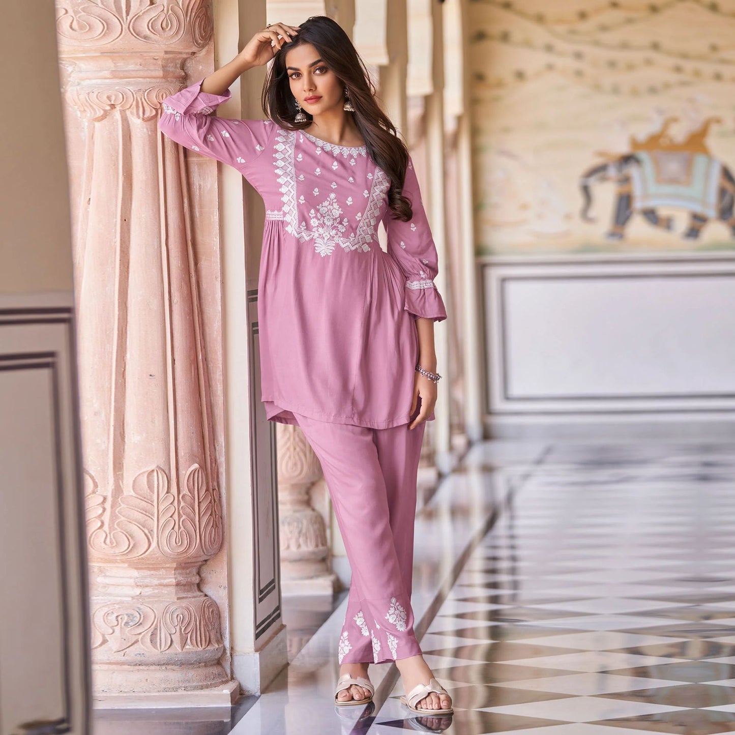 New Chikankari Exclusive Same_Kurti_Pent Pair  (Baby Pink) 34