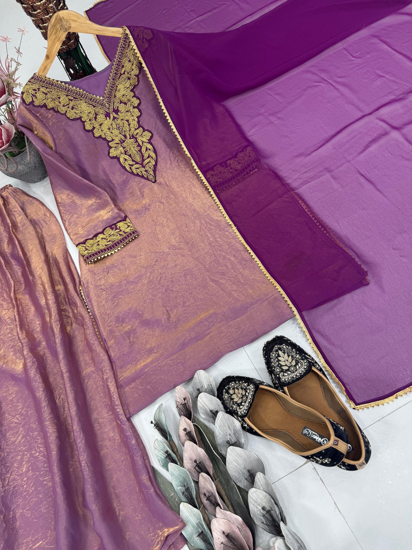 Dusty Pink Wide Flair Salwar Kameez Dupatta Designer Set