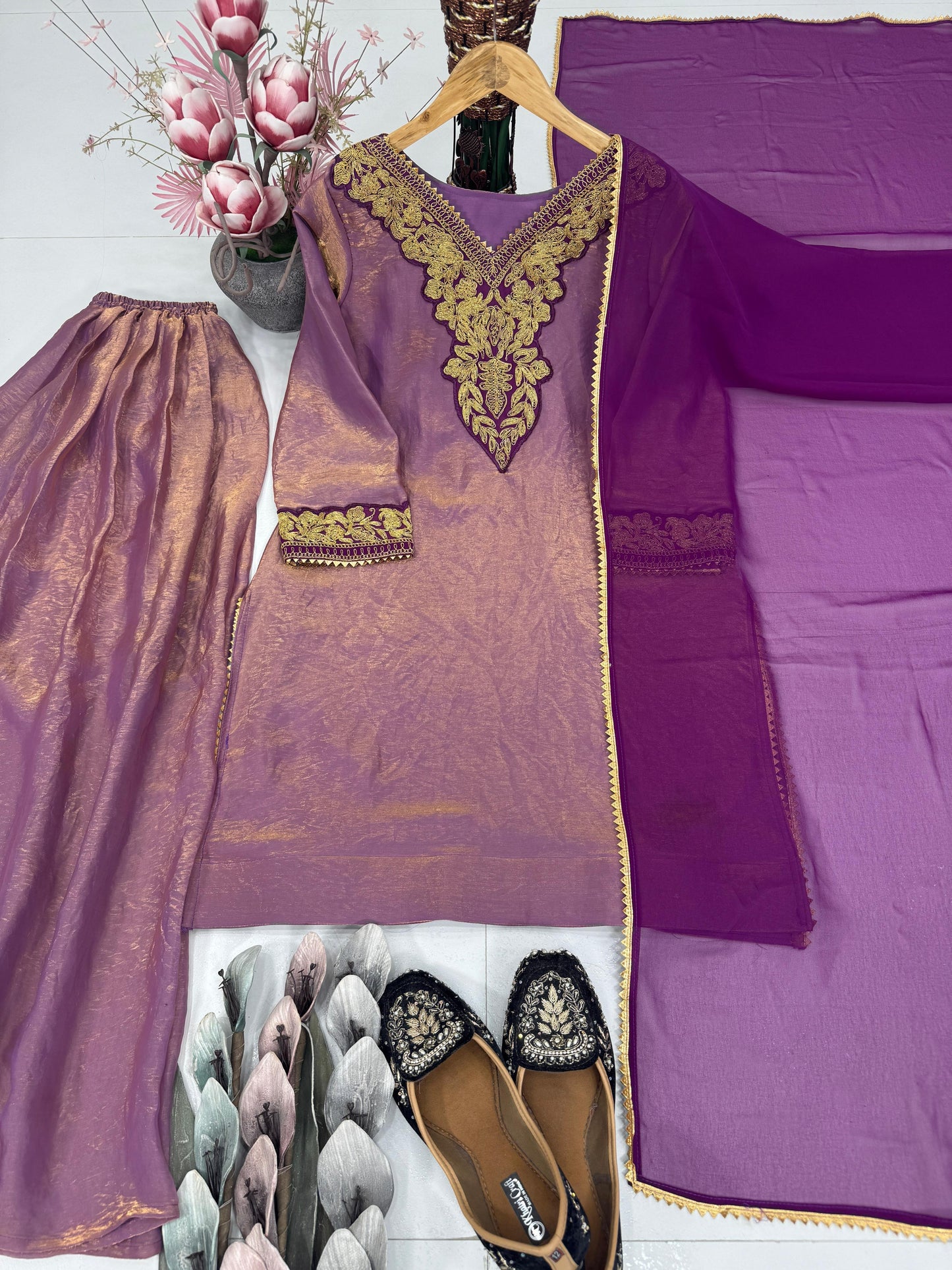 Dusty Pink Wide Flair Salwar Kameez Dupatta Designer Set