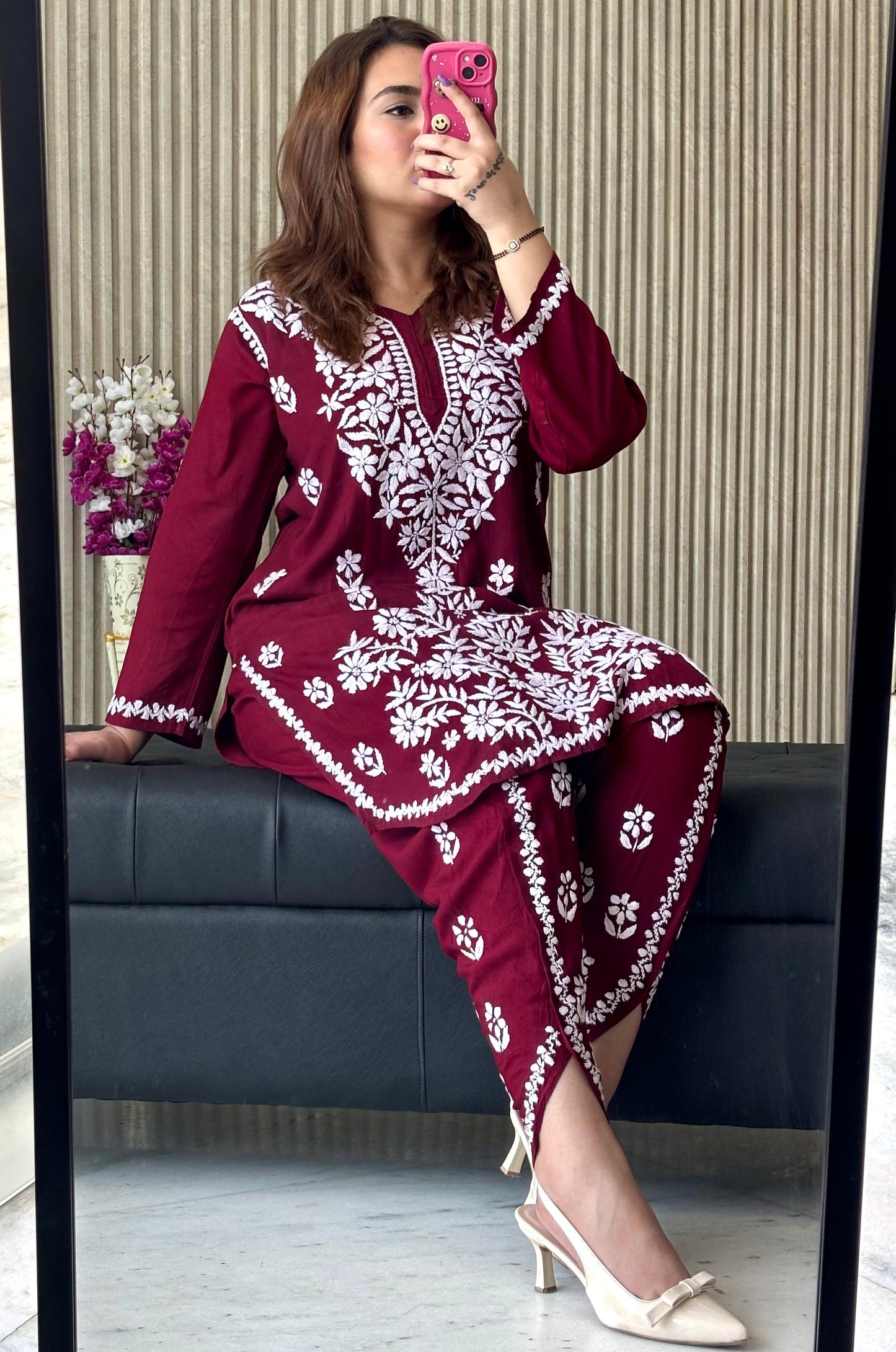 Maroon Lucknow Chikankari Rayon Dhoti Kurti Set