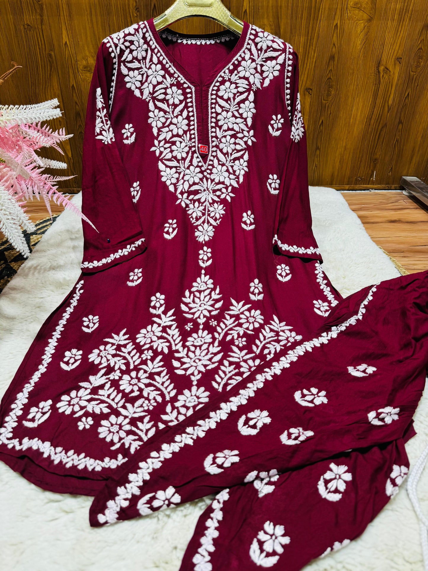 Maroon Lucknow Chikankari Rayon Dhoti Kurti Set