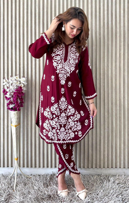 Maroon Lucknow Chikankari Rayon Dhoti Kurti Set