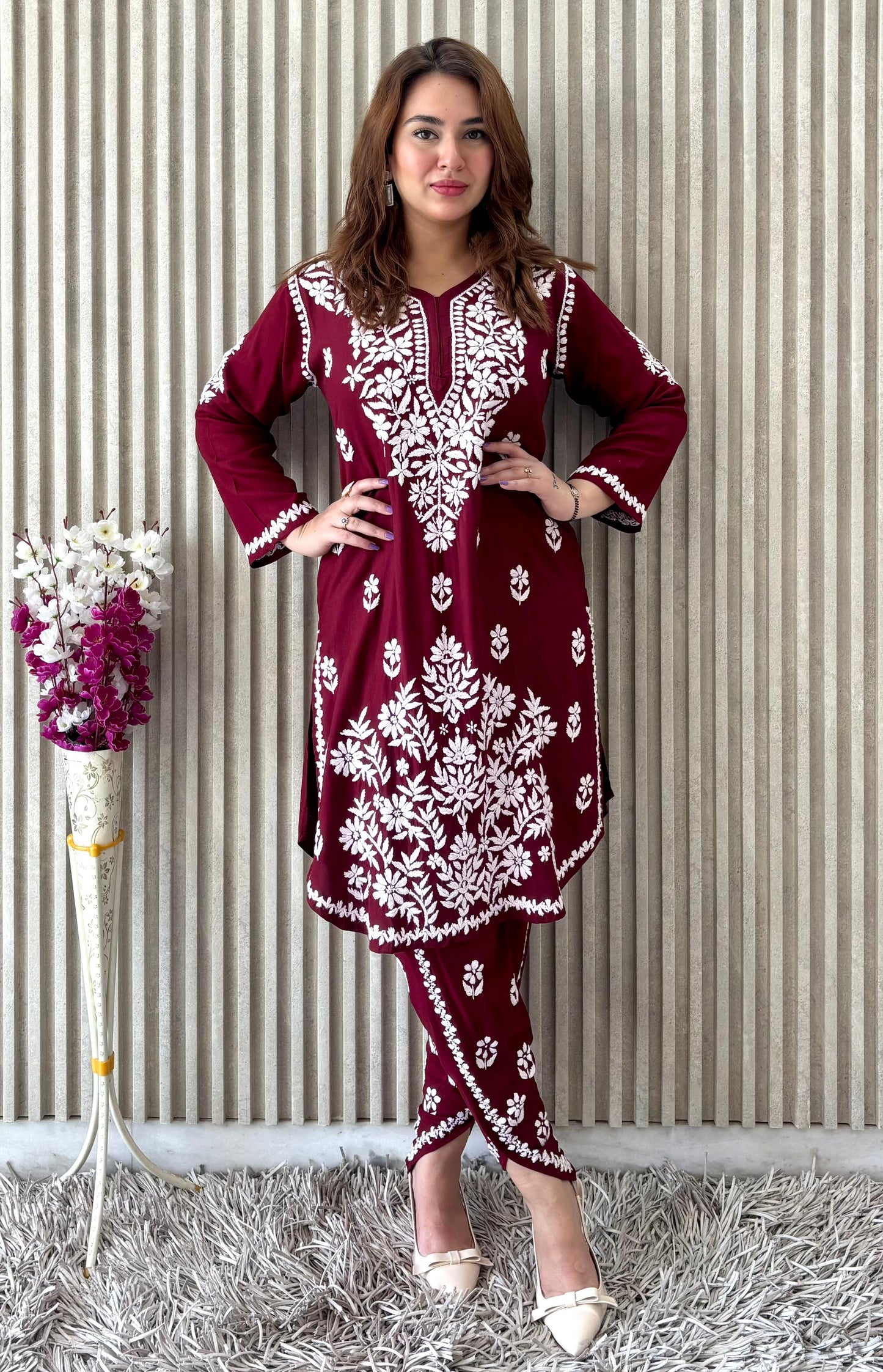 Maroon Lucknow Chikankari Rayon Dhoti Kurti Set