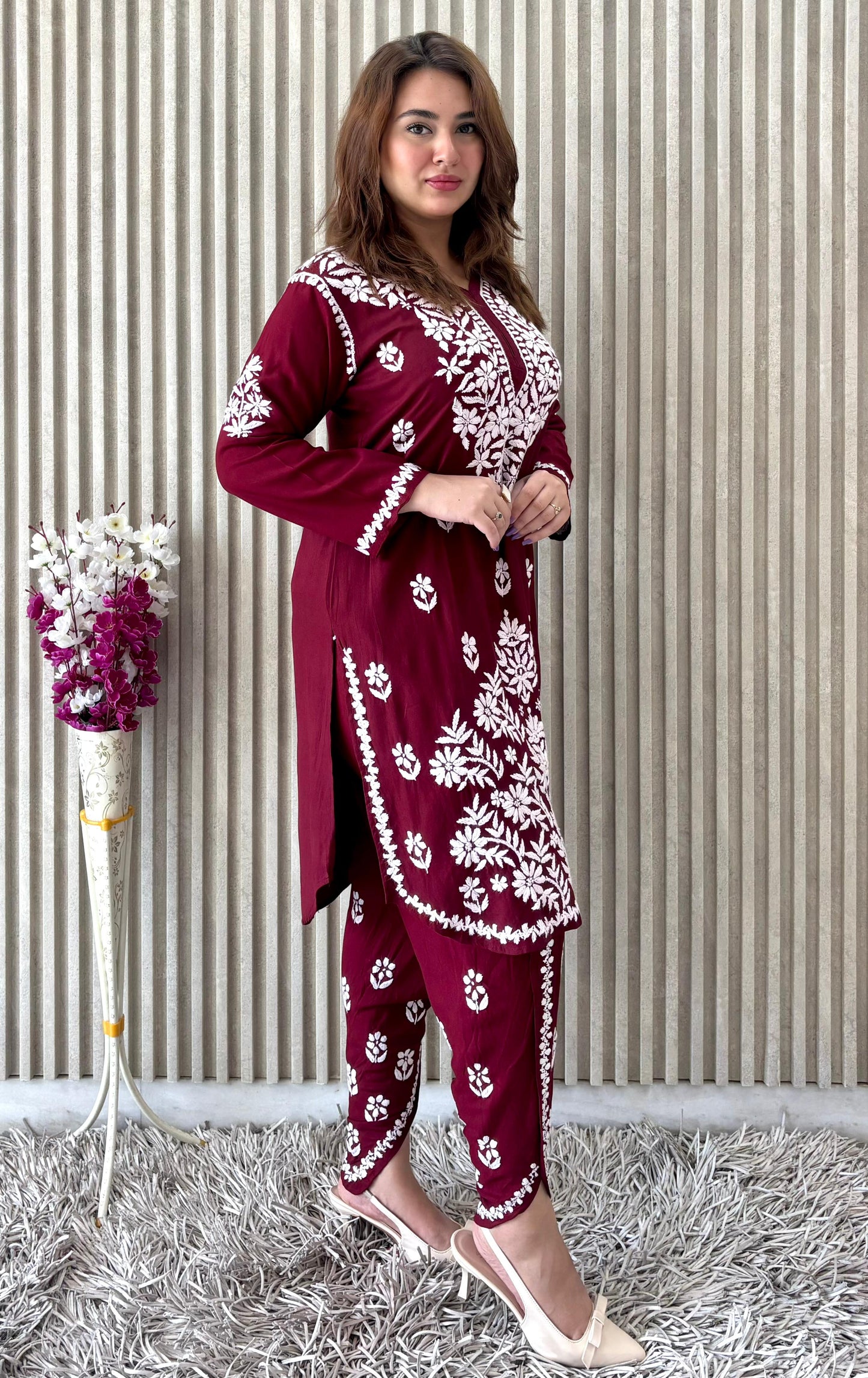 Maroon Lucknow Chikankari Rayon Dhoti Kurti Set