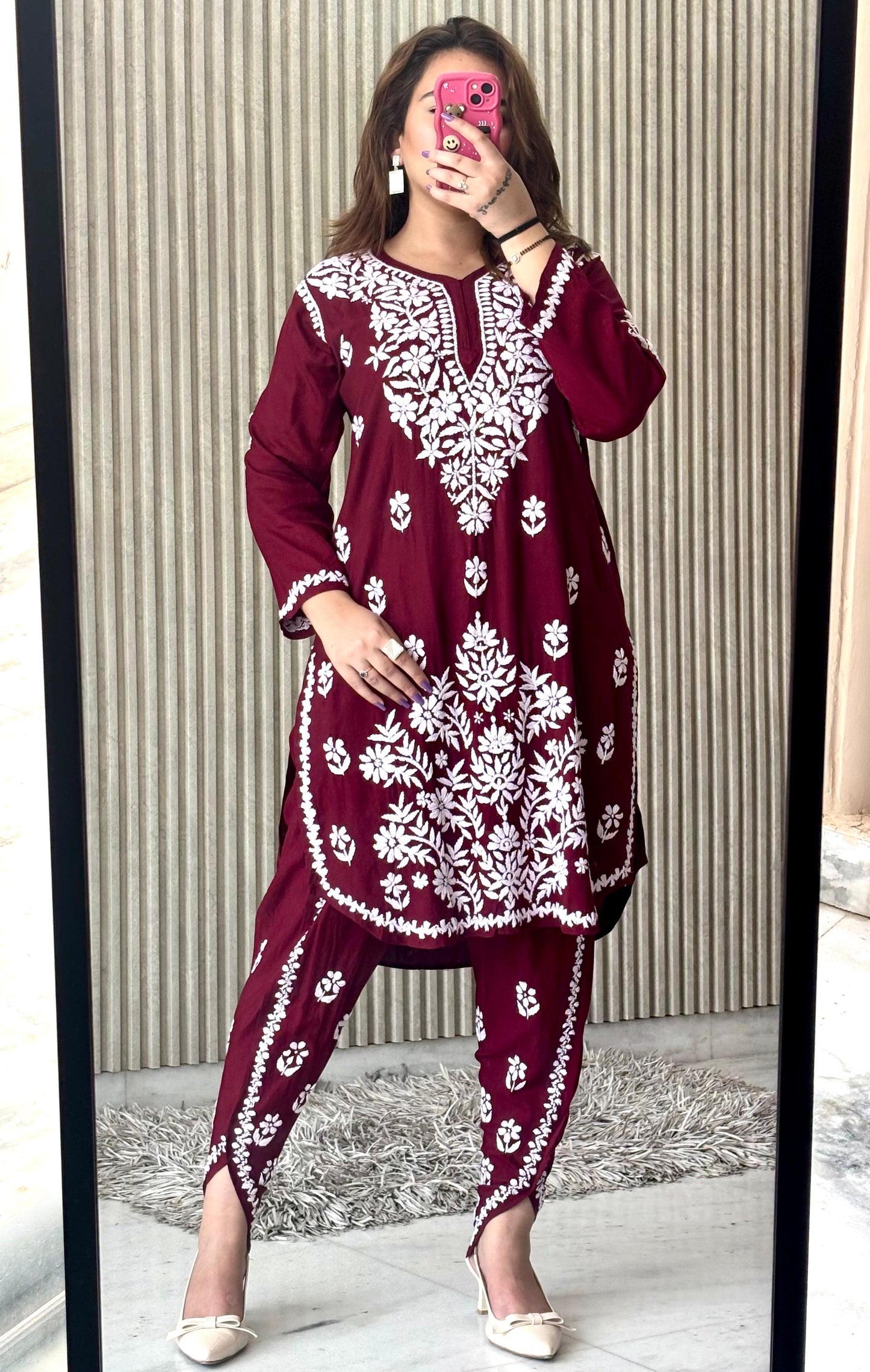 Maroon Lucknow Chikankari Rayon Dhoti Kurti Set