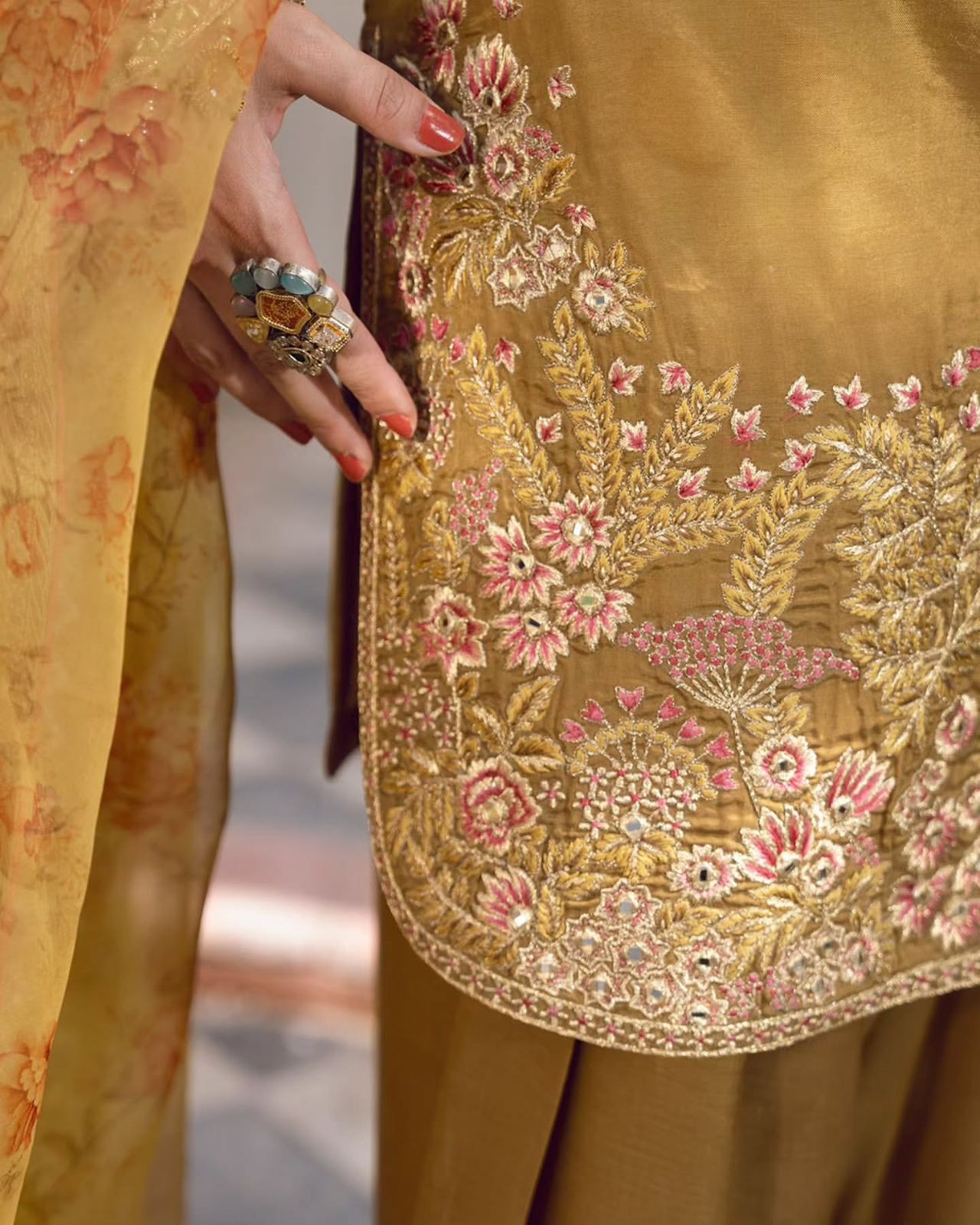 Mustard Olive Designer French Crepe Silk Farshi Salwar Suit Set