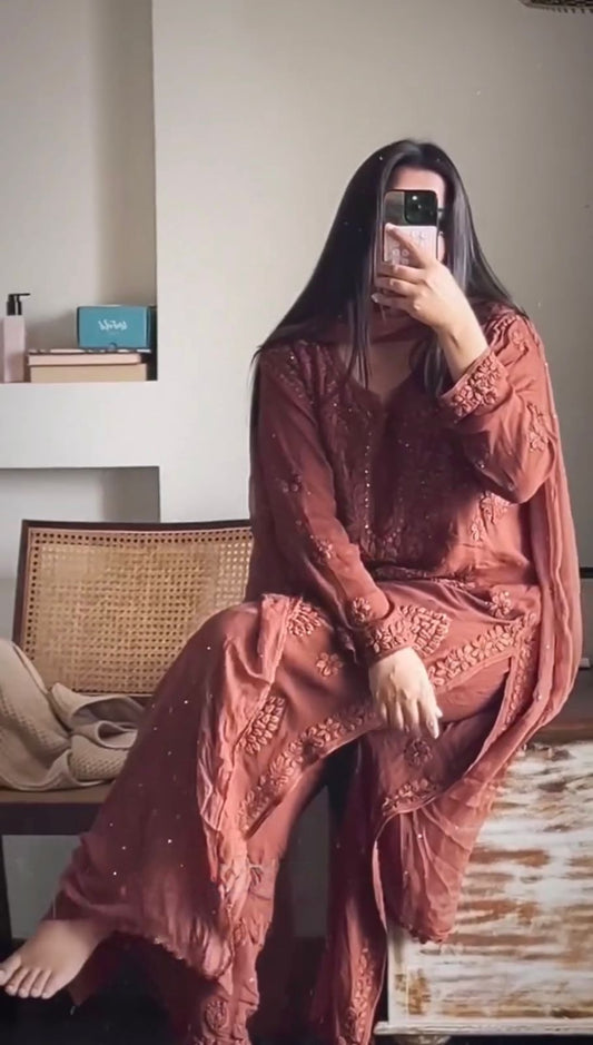 Elegant Dusty Rose Viscose Chikankari Kurti Set with 3D Handwork
