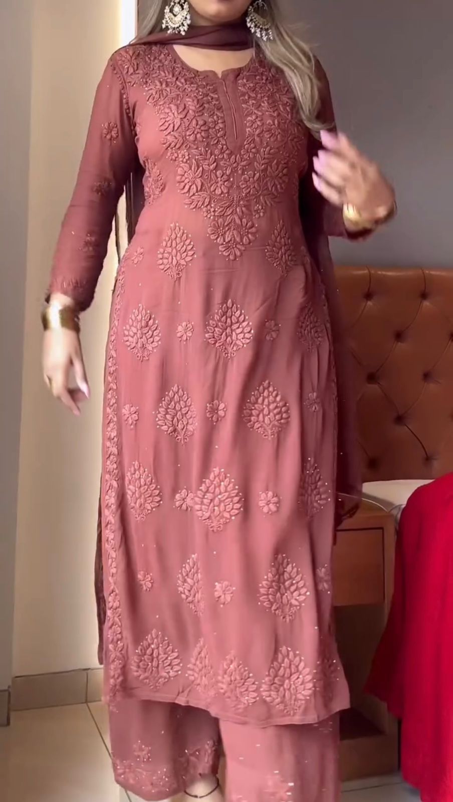 Elegant Dusty Rose Viscose Chikankari Kurti Set with 3D Handwork