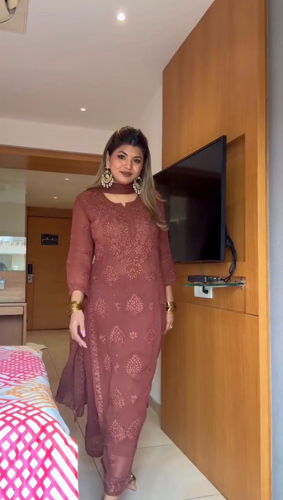 Elegant Dusty Rose Viscose Chikankari Kurti Set with 3D Handwork