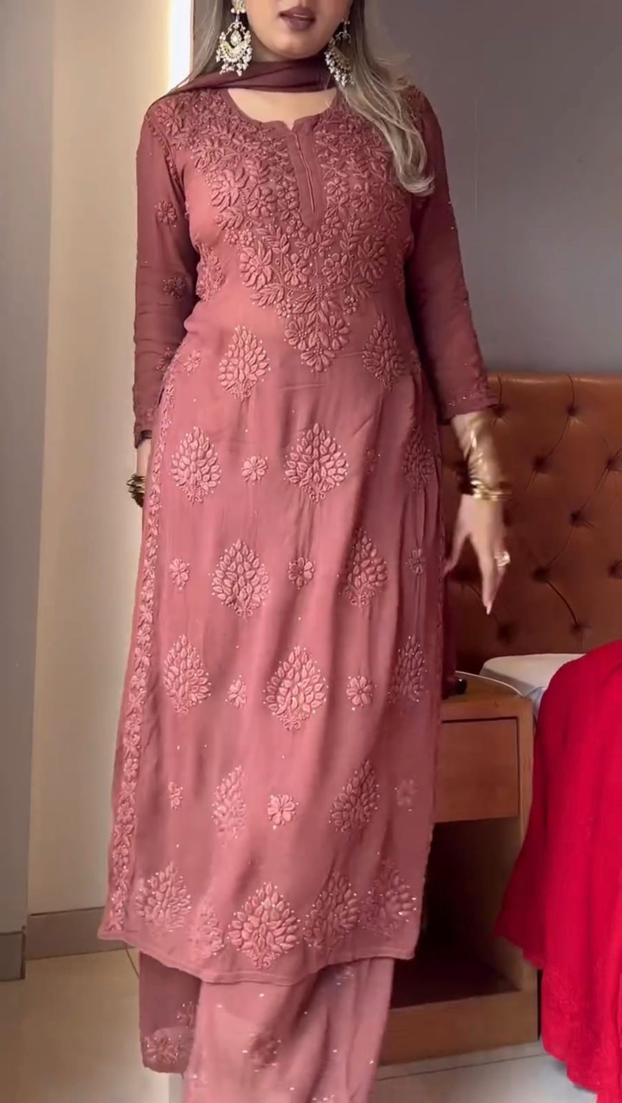 Elegant Dusty Rose Viscose Chikankari Kurti Set with 3D Handwork