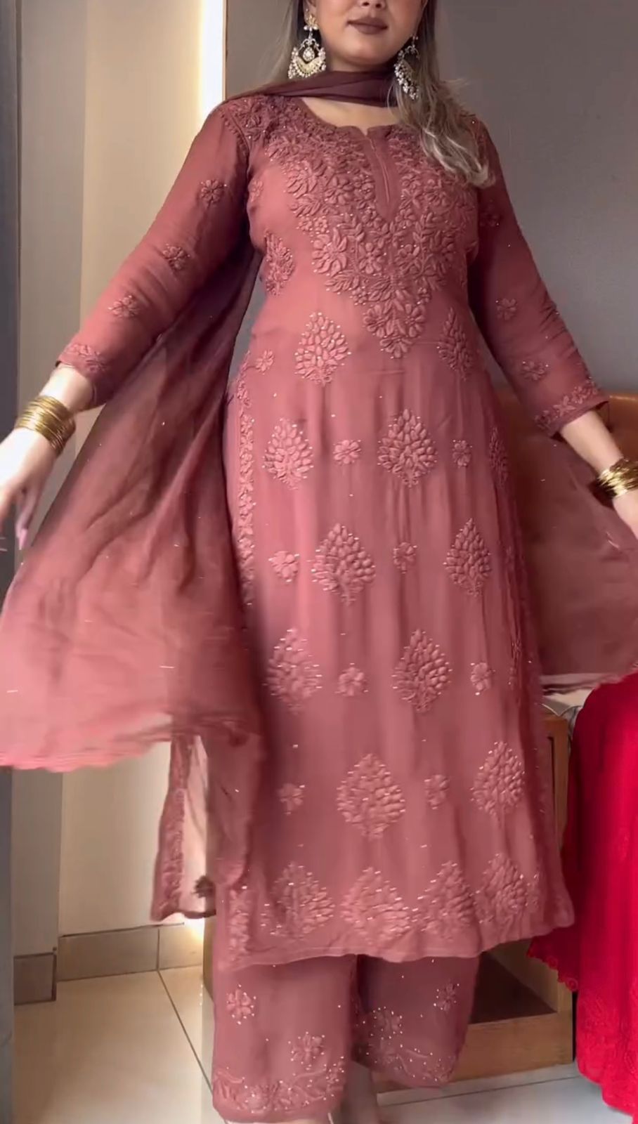 Elegant Dusty Rose Viscose Chikankari Kurti Set with 3D Handwork