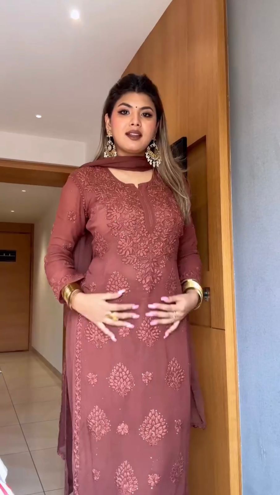 Elegant Dusty Rose Viscose Chikankari Kurti Set with 3D Handwork